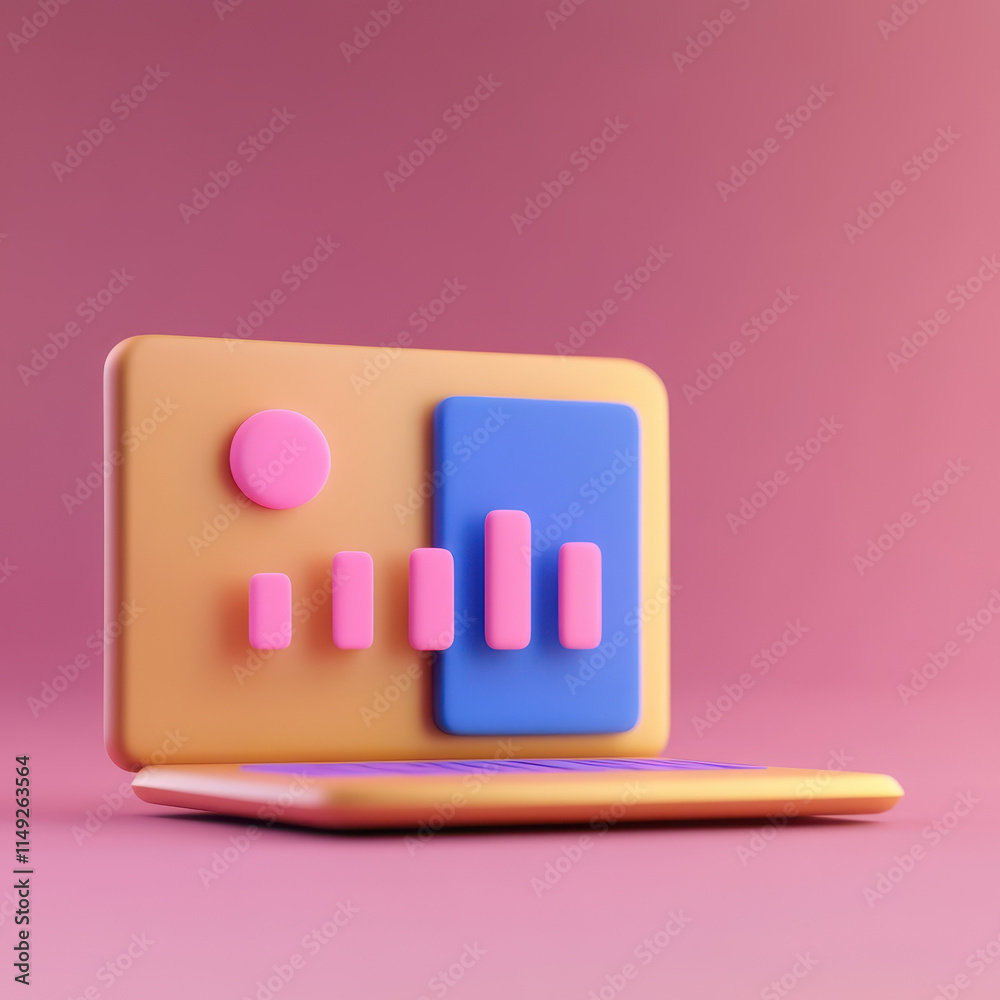 Stylized laptop with colorful graphs on pink background, showcasing modern design Stylized laptop with colorful graphs on pink background, showcasing modern design