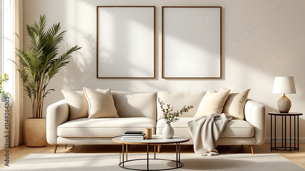 Fototapeta premium Frame mockup, paper size. Living room wall poster mockup. Interior mockup with house background. Modern interior design.