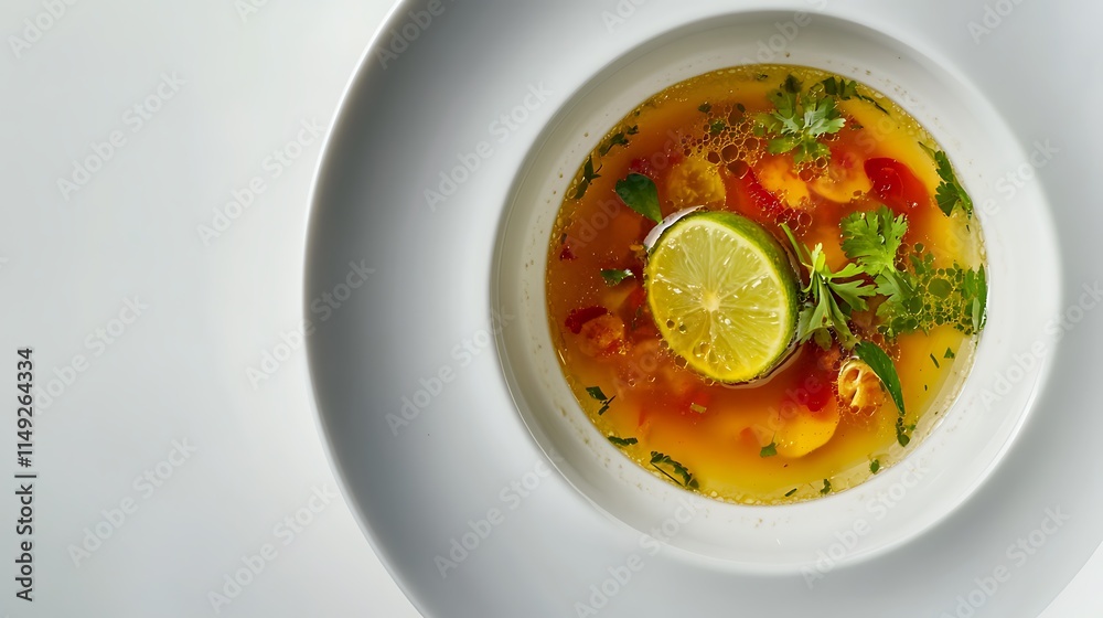 Aromatic Tom Yam Kung soup garnished with lime and herbs served in a white bowl top view Aromatic Tom Yam Kung soup garnished with lime and herbs served in a white bowl top view