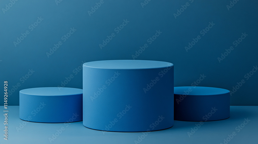 Blue geometric display with circular shapes on a solid background in minimal design. Blue geometric display with circular shapes on a solid background in minimal design.