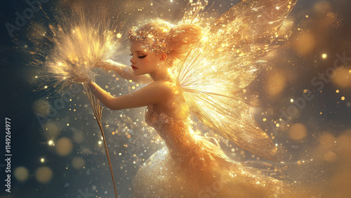 A beautiful fairy girl with glowing wings. Girl fairy dark background glitter wings blurry. A fairy with glitter wings in a lifestyle blurry background.
