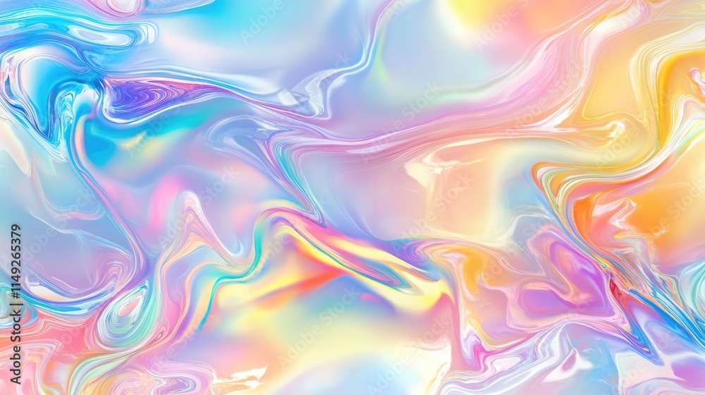 Fototapeta premium Seamless trendy iridescent rainbow foil texture. Soft holographic pastel unicorn marble background pattern. Modern pearlescent blurry abstract swirl illustration.