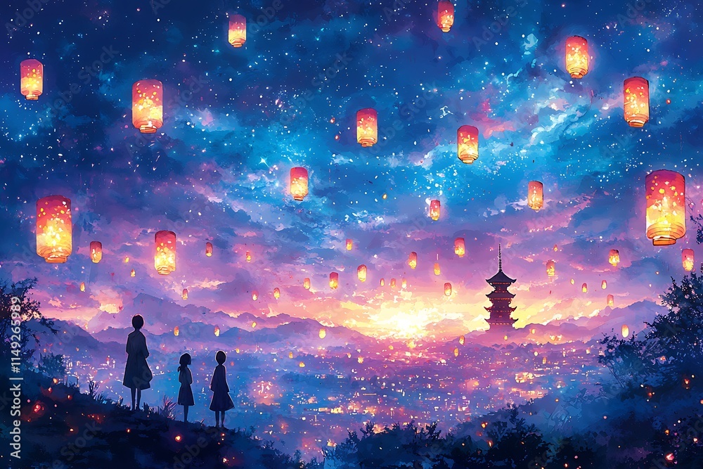 Fototapeta premium Three Silhouetted Figures Gaze at a Night Sky Filled with Floating Lanterns Over a Japanese Cityscape at Sunset.