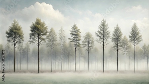 Wallpaper Mural Serene Fog Envelops a Grove of Tall, Slender Trees on a Calm Morning Torontodigital.ca