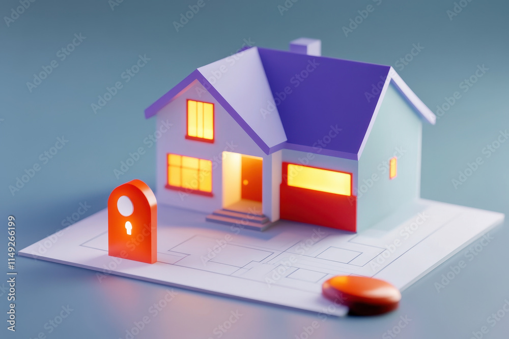 colorful model house with lock and key, symbolizing home security colorful model house with lock and key, symbolizing home security