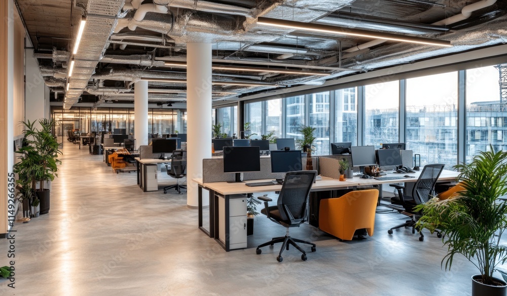 Modern open-plan office with workstations, desks, chairs, and plants. Modern open-plan office with workstations, desks, chairs, and plants.
