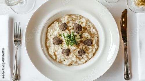 Creamy Risotto with Black Truffles Garnished with Fresh Herbs