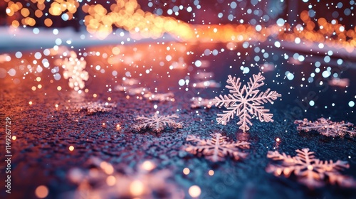 3D snowflakes gently falling on a glowing winter street scene. photo