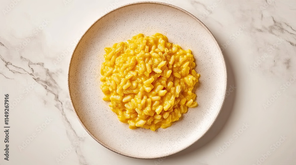 Creamy Yellow Risotto on Plate Against Marble Background Creamy Yellow Risotto on Plate Against Marble Background