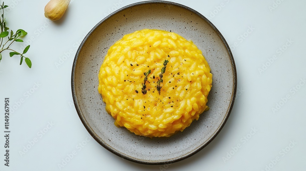 Creamy Risotto with Saffron and Fresh Thyme on a Round Plate Creamy Risotto with Saffron and Fresh Thyme on a Round Plate