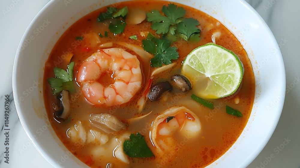 Vibrant Tom Yam Kung soup served with prawns mushrooms and fresh lime top view Vibrant Tom Yam Kung soup served with prawns mushrooms and fresh lime top view