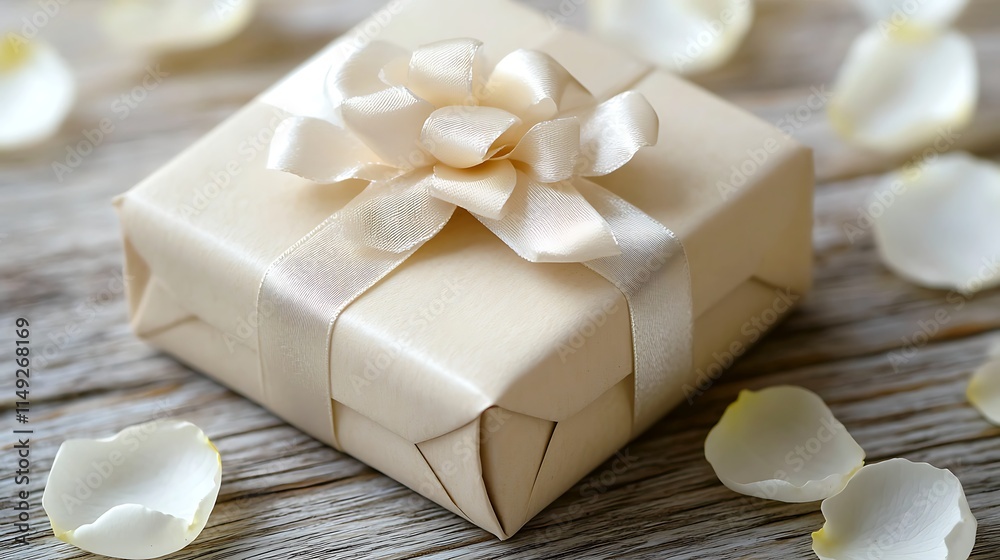 Elegant Gift Box with Cream Ribbon   Rose Petals