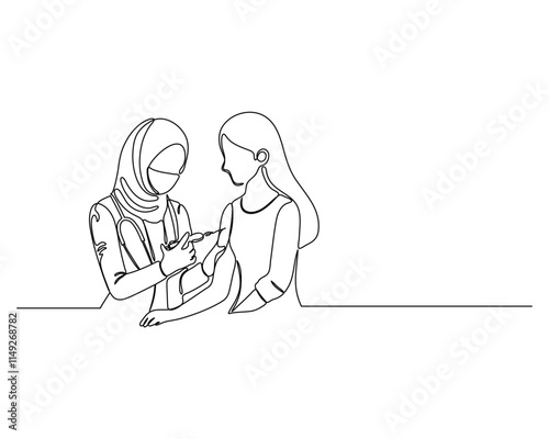 young healthcare professional in hijab administering a vaccine to a seated patient, both wearing face masks Highlights the importance of vaccinations and public health. continuous line drawing design