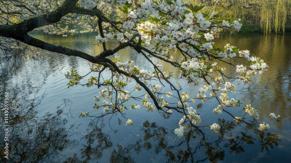 Serene Cherry Blossom Reflection on Calm Water in Springtime Scene Serene Cherry Blossom Reflection on Calm Water in Springtime Scene