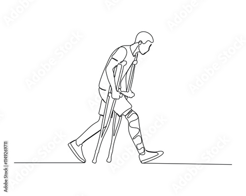A person walking with crutches, showing resilience and mobility support Depicts the use of assistive devices and adaptation in daily life. continuous line drawing design for health care