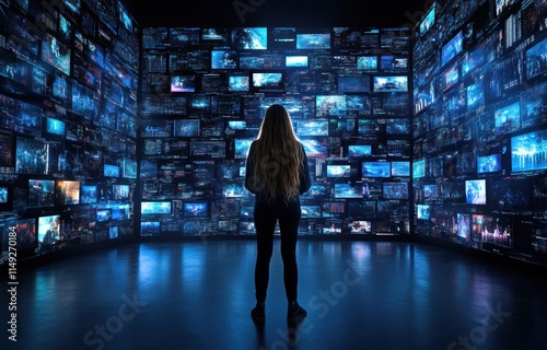 A silhouetted figure stands in awe before an array of glowing screens, showcasing vast data visualizations and digital landscapes in a futuristic environment, blending technology and art. photo