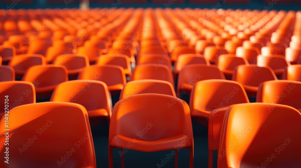 Obraz premium Seats of orange tribune on sport stadium. empty outdoor arena. concept of fans. chairs for audience. cultural environment concept. color and symmetry. empty seats. modern stadium