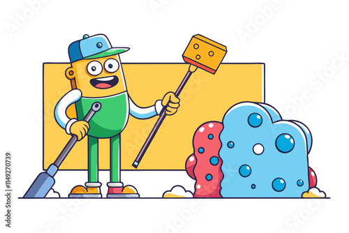 Cartoon painter character creating abstract art with giant sponges illustration