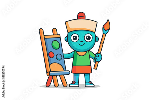 Colorful cartoon illustration of tiny painter character