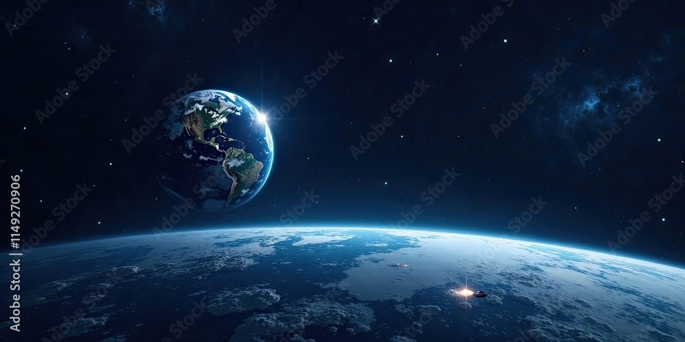 Obraz premium A Majestic View of Planet Earth from Space Showing a Distant Spaceship