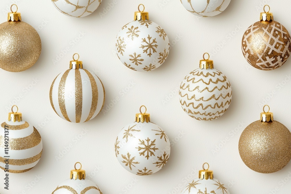 Fototapeta premium Elegant holiday ornaments in gold and white, featuring various patterns, perfect for festive decorations and seasonal celebrations.