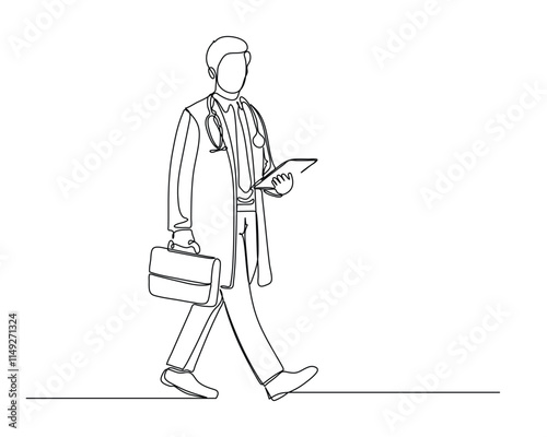 a doctor walking with a briefcase and clipboard, wearing a lab coat and stethoscope Captures the essence of a busy healthcare professional in a clean, artistic style. continuous line drawing design 