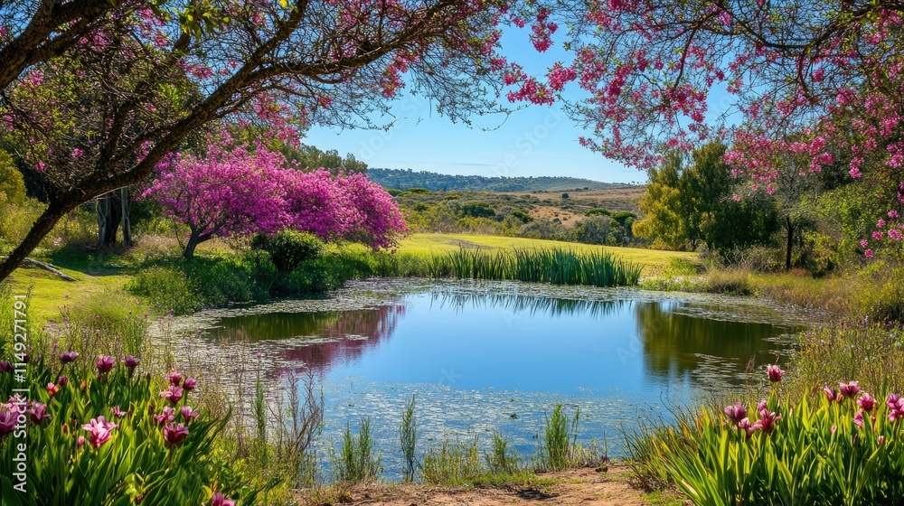 Serene Landscape with Blossoming Trees and Reflective Water Pond Serene Landscape with Blossoming Trees and Reflective Water Pond