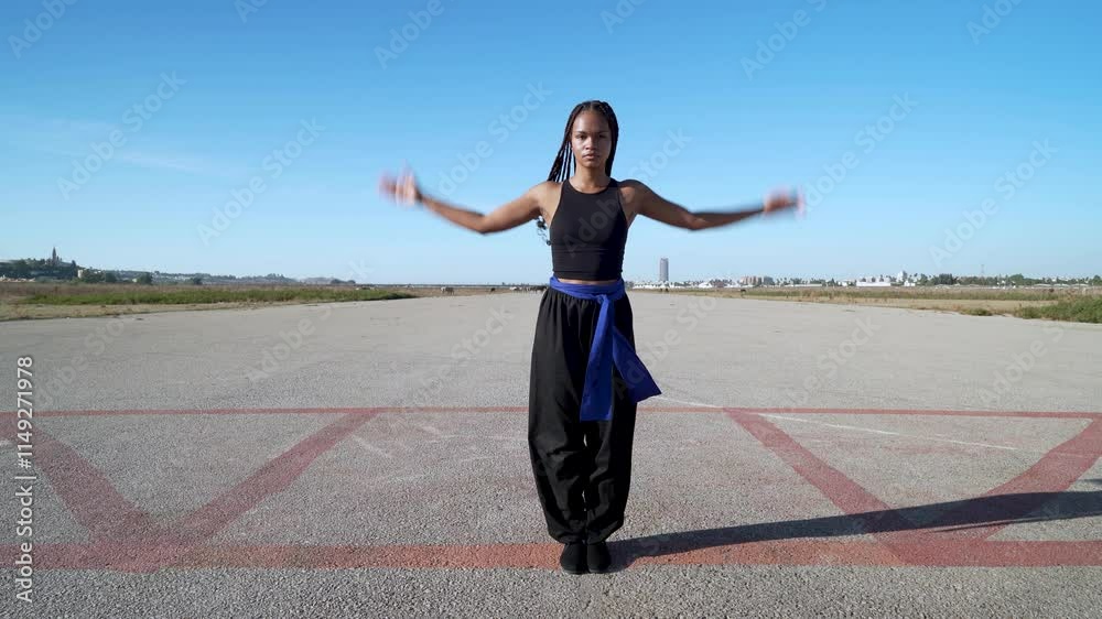 Chica luchadora en artes marciales entra en la escena de un paisaje infinito y minimalista de una pista de aterrizaje, saluda y comienza a realizar ejercicios de lucha.