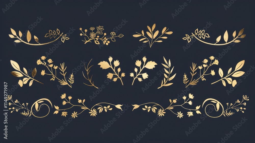 Collection of Hand-Drawn Golden Floral Ornaments Collection of Hand-Drawn Golden Floral Ornaments