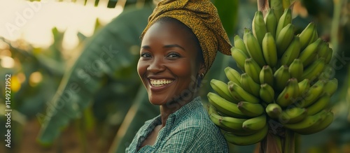 Banana plantation. A happy African female farmer with her organic bananas in a farm. Sustainable agriculture for living