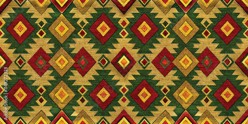 Colorful geometric pattern featuring red, yellow, and green hues, creating a vibrant textile design.