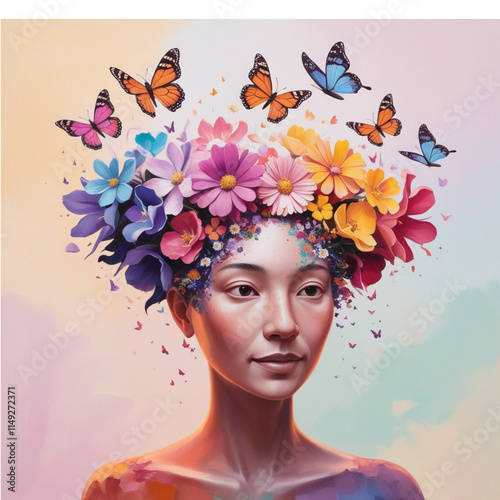 Wallpaper Mural Butterfly and flower on the head of woman Torontodigital.ca