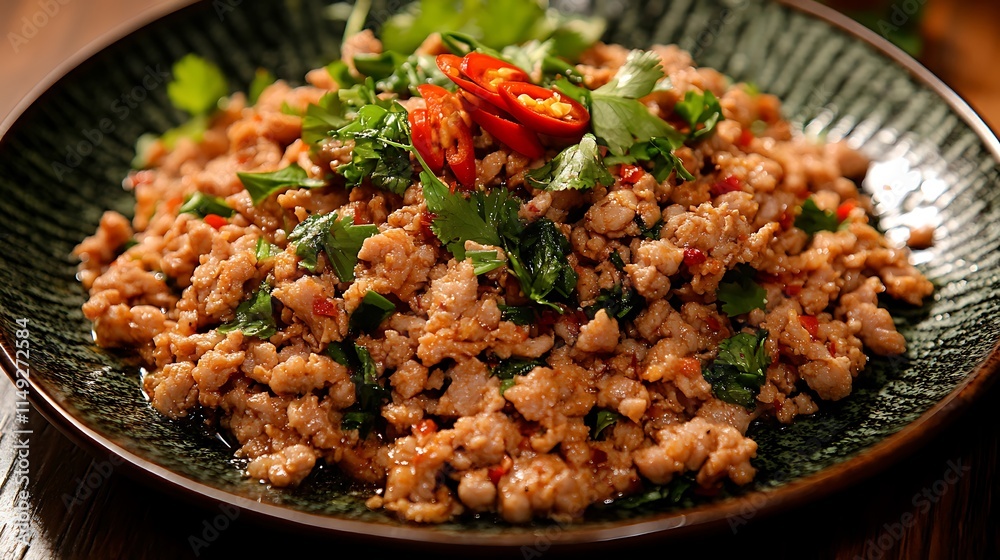 Spicy larb dish featuring minced pork garnished with herbs and chili on a plate top view Spicy larb dish featuring minced pork garnished with herbs and chili on a plate top view