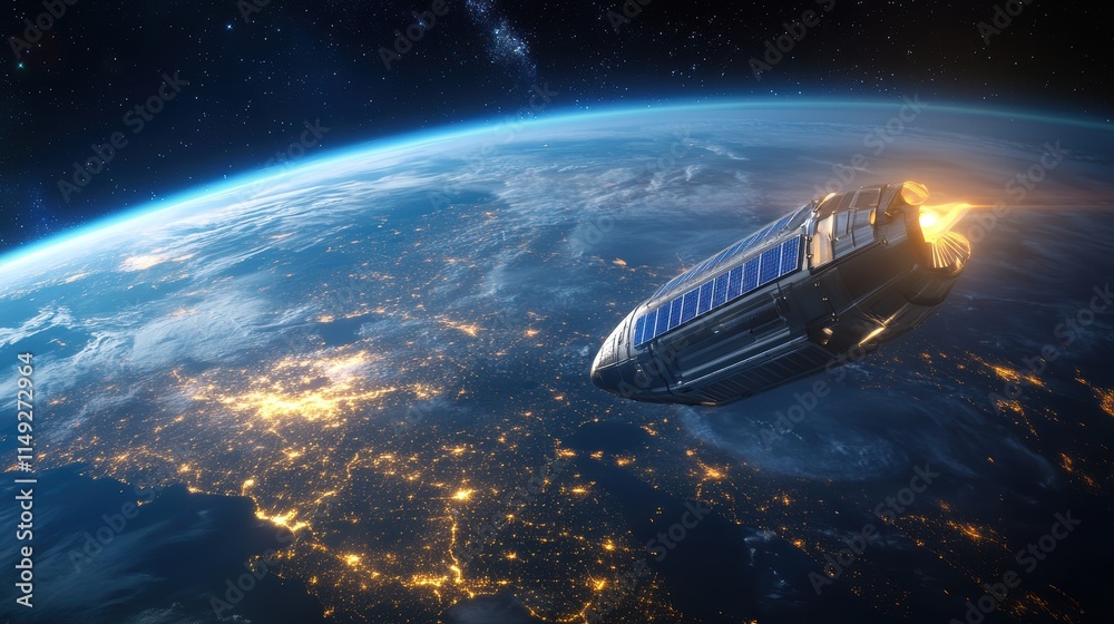 Obraz premium A stunning view of an advanced spacecraft moving above Earth, showcasing the vibrant lights of cities and the beauty of our planet from space.