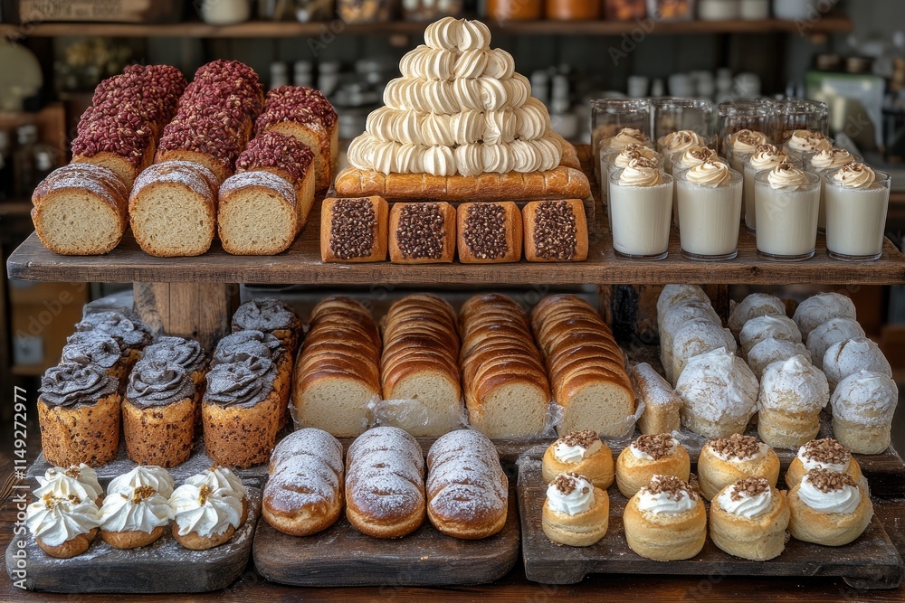 Assorted pastries and desserts on display; breads, cakes, and creamy treats. Showcase of various bakery items perfect for menus or food blogs. Assorted pastries and desserts on display; breads, cakes, and creamy treats. Showcase of various bakery items perfect for menus or food blogs.