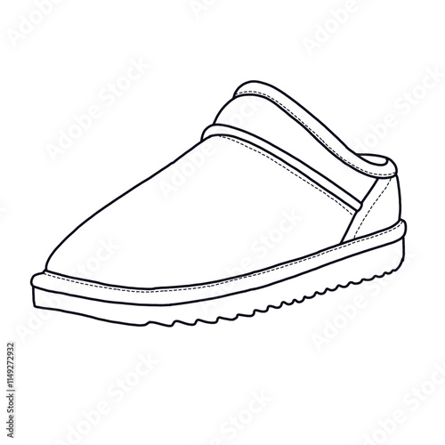 Women's Mules Slip-On House Slippers with Memory Foam and Faux Shearling shoes Line art, Technical sketch hand drawing outline vector doodle Side view isolated on white background for coloring page