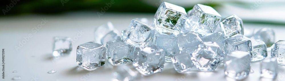 A close-up of clear ice cubes scattered on a surface, reflecting light and showcasing their crystalline structure. A close-up of clear ice cubes scattered on a surface, reflecting light and showcasing their crystalline structure.