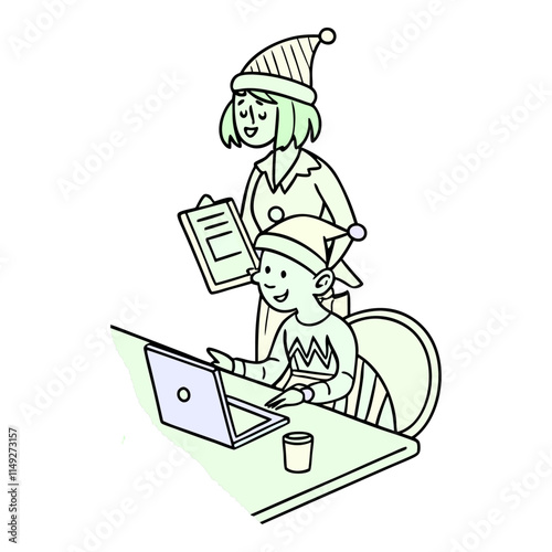 Elves at Work - Two elves working together, one reviewing a document while the other focuses on the laptop. Perfect for holiday-themed projects, calendars, and social media.