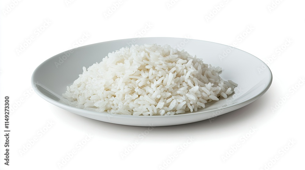 Freshly Cooked White Rice Piled on a Simple White Plate Freshly Cooked White Rice Piled on a Simple White Plate