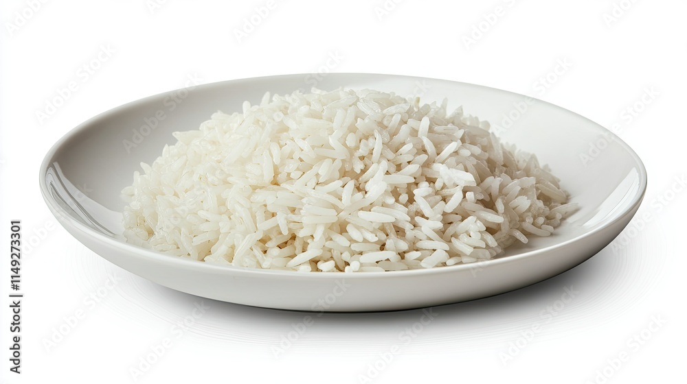 Cooked White Rice Pile on a Round Plate Isolated on a White Background Cooked White Rice Pile on a Round Plate Isolated on a White Background