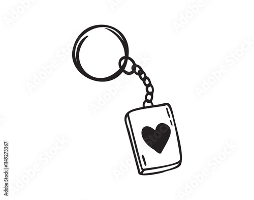 Keychain with love heart hand drawn doodle symbol, outline drawing keychain heart