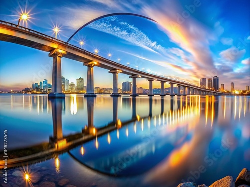 Minimalist Panoramic Fisheye View of Coronado Bridge & San Diego Skyline Reflection