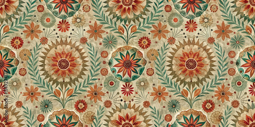 A vibrant floral pattern featuring intricate flowers in warm hues with green foliage, perfect for textile design.