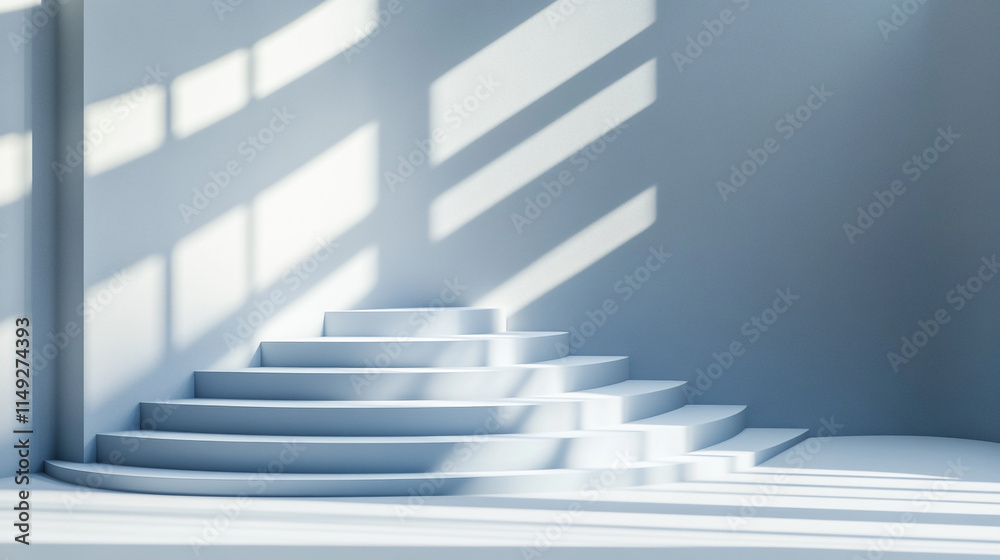 Bright sunlight casts shadows on white steps in minimalistic interior design. Bright sunlight casts shadows on white steps in minimalistic interior design.