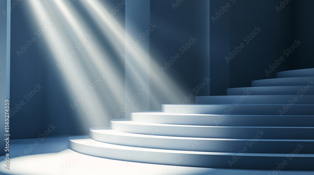 Light beams illuminate a serene staircase in a tranquil indoor setting. Light beams illuminate a serene staircase in a tranquil indoor setting.