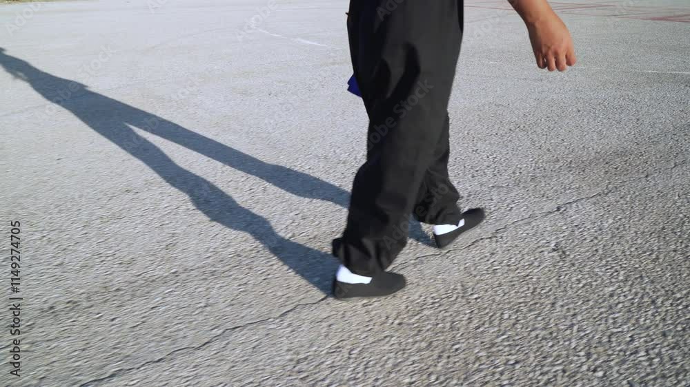 Chica luchadora de artes marciales caminando por el asfalto de una pista de aterrizaje un día soleado. como concepto de perseguir tu camino o destino.