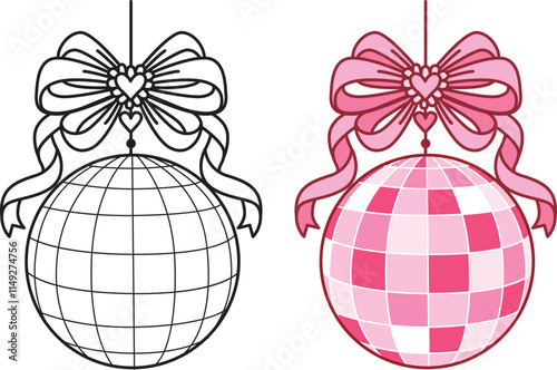 Pink bow ribbon with night club disco ball clipart coquette aesthetic for design element or coloring page. Vector illustration.