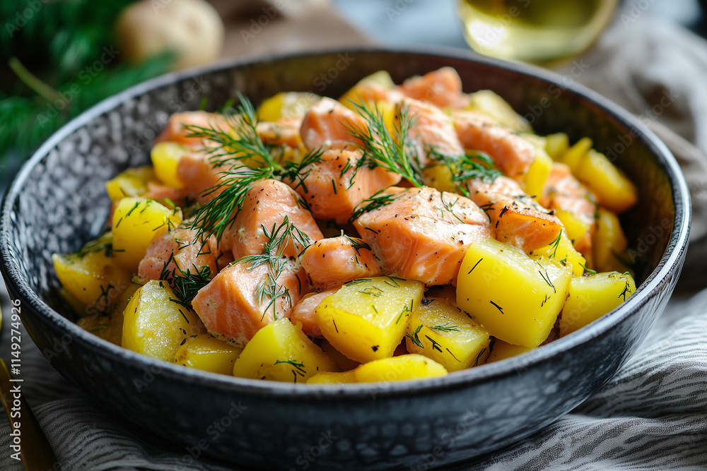 Lohikeitto with chunks of fresh salmon and potatoes, served with a sprinkle of dill, cozy and authentic Finnish ambiance Lohikeitto with chunks of fresh salmon and potatoes, served with a sprinkle of dill, cozy and authentic Finnish ambiance