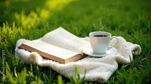 Peaceful morning a steaming cup of coffee rests on a soft blanket beside an open book, nestled in a vibrant green lawn.