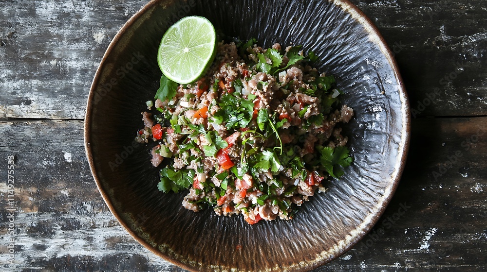 Authentic Thai larb with minced pork and lime served on a rustic plate top view Authentic Thai larb with minced pork and lime served on a rustic plate top view